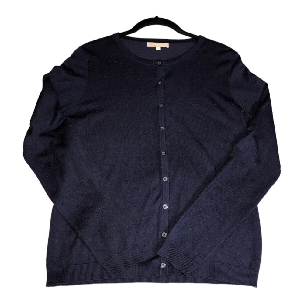 JOAN VASS Navy Rayon Blend French Knots Cardigan Sweater Sz M